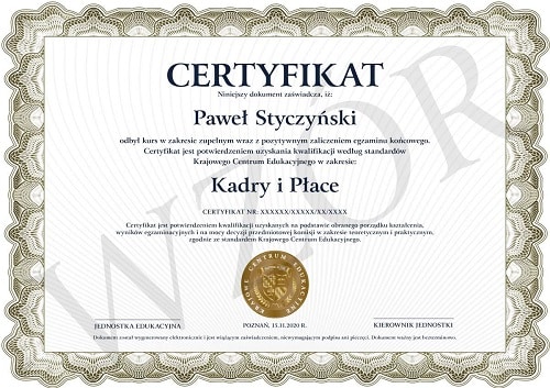 certyfikat ukończenia kursu kadry i płace