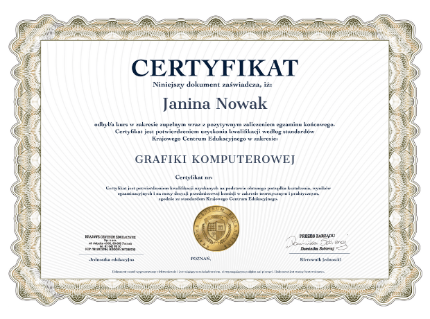 Wzór certyfikatu o ukończonym kursie grafiki komputerowej