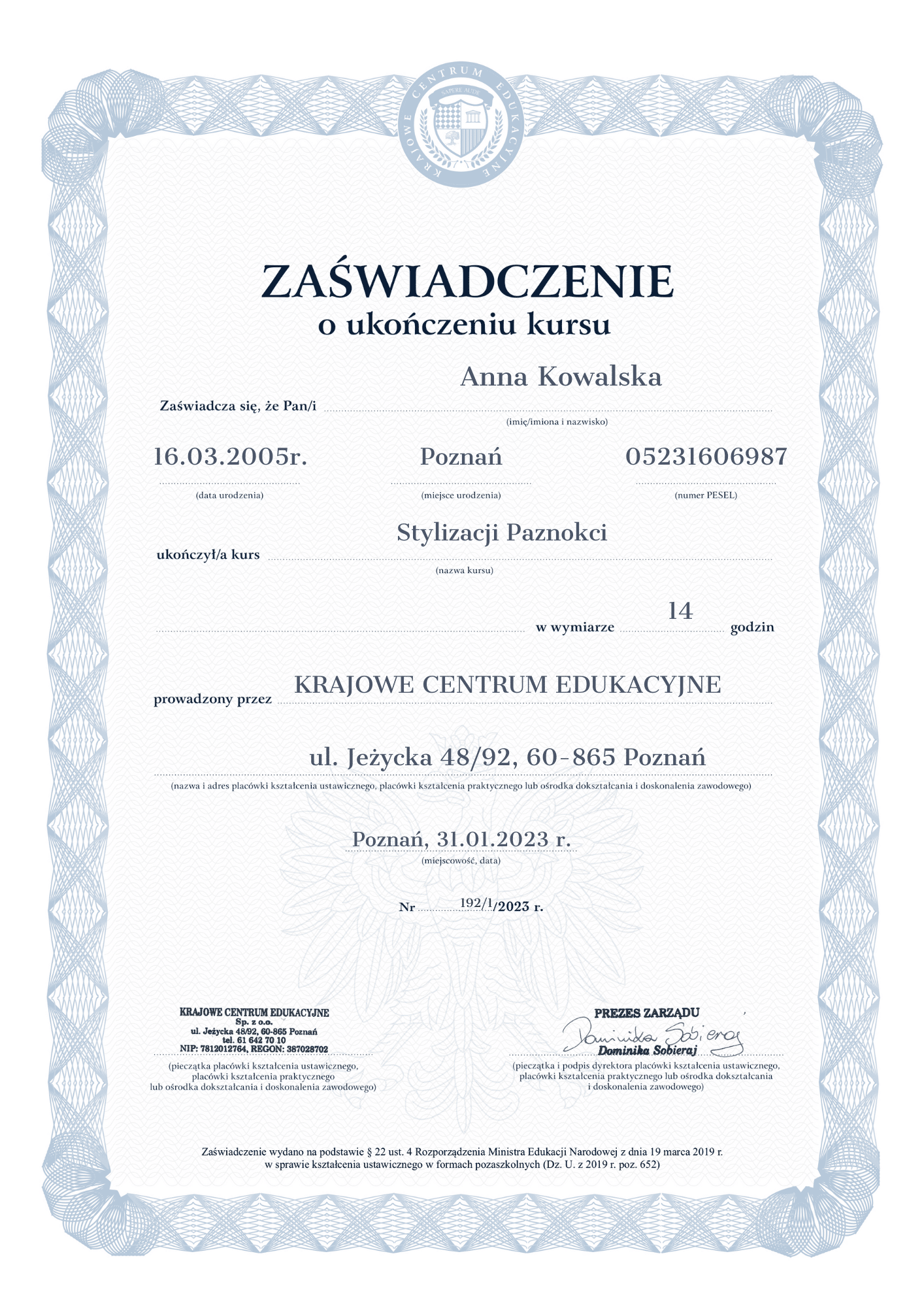 Zaświadczenie kurs stylizacji paznokci