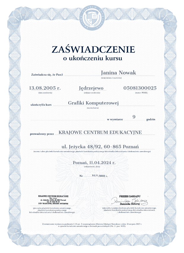 Wzór zaświadczenia o ukończonym kursie grafiki komputerowej