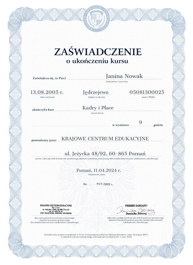 Wzór zaświadczenia z kursu kadry i płace online