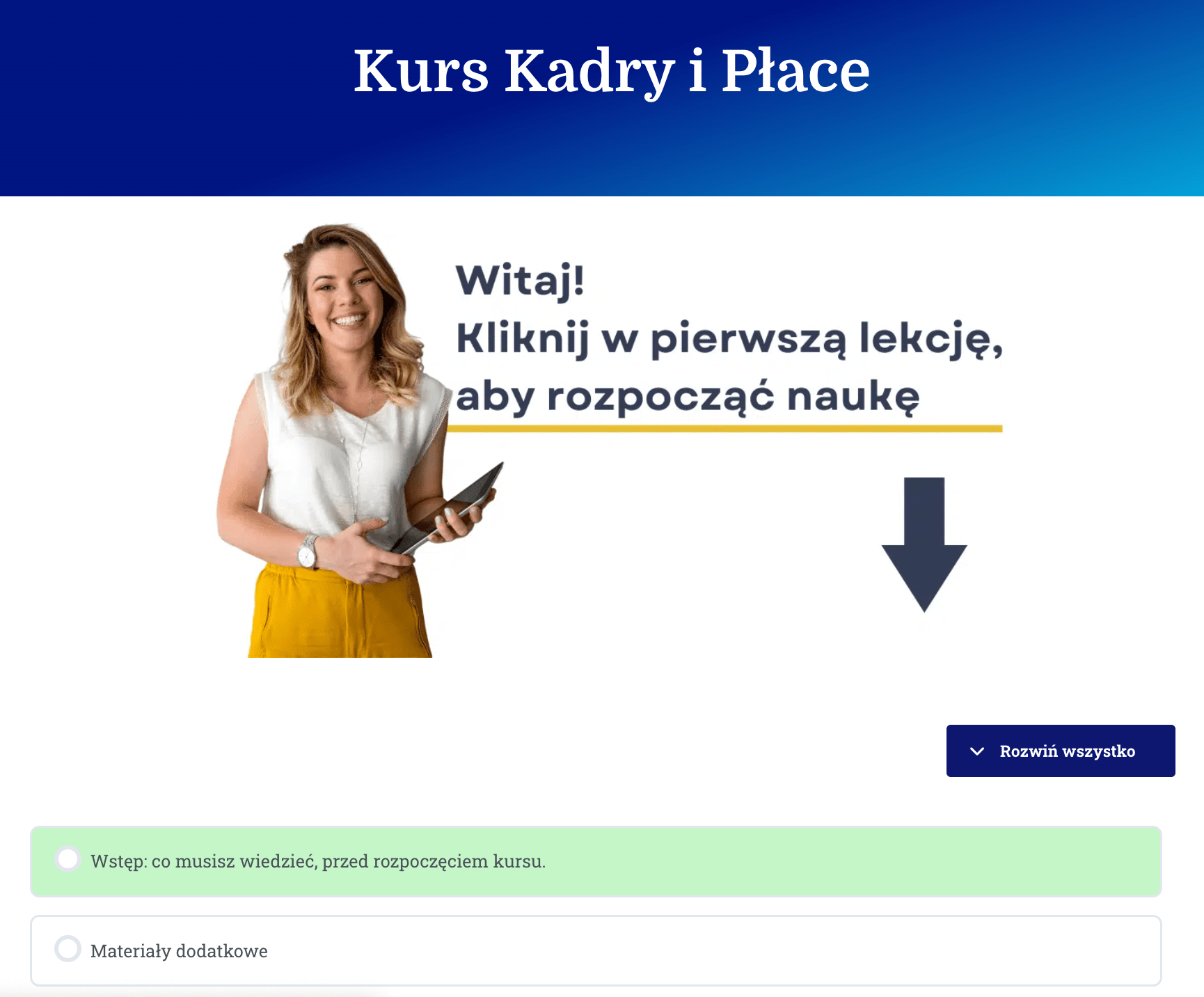 Kurs kadry i płace - wnętrze kursu na platformie edukacyjnej