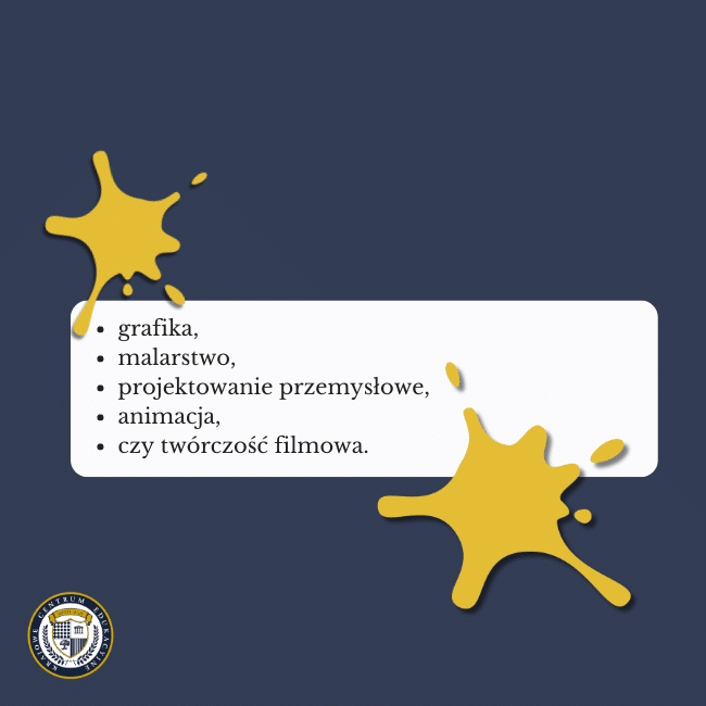 Granatowe tło, dwa żółte kleksy od farby i wyliczenie na środku: grafika,malarstwo, projektowanie przemysłowe, animacja czy twórczość filmowa. Grafika nawiązuje do tematu: grafik komputerowy