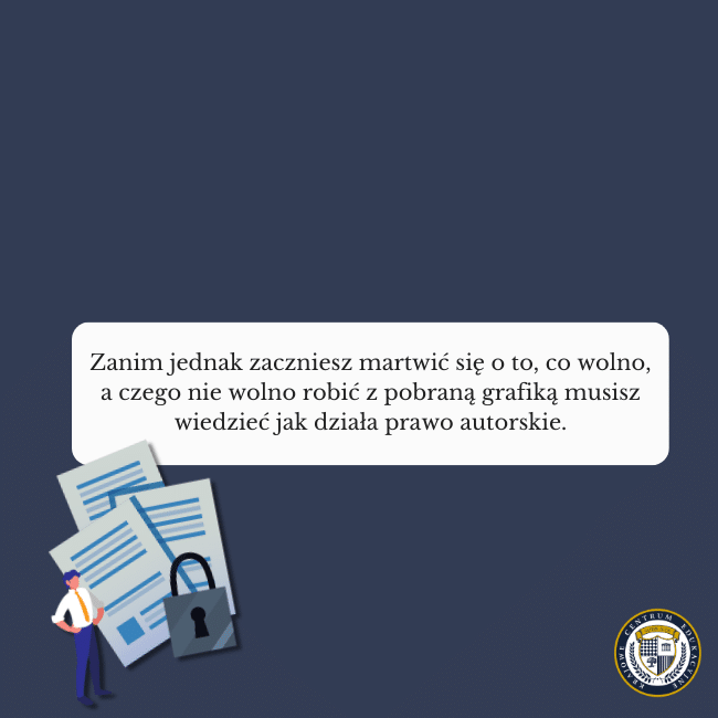 Ilustracja przedstawiająca dokumenty z kłódką oraz postać, z tekstem o prawach autorskich