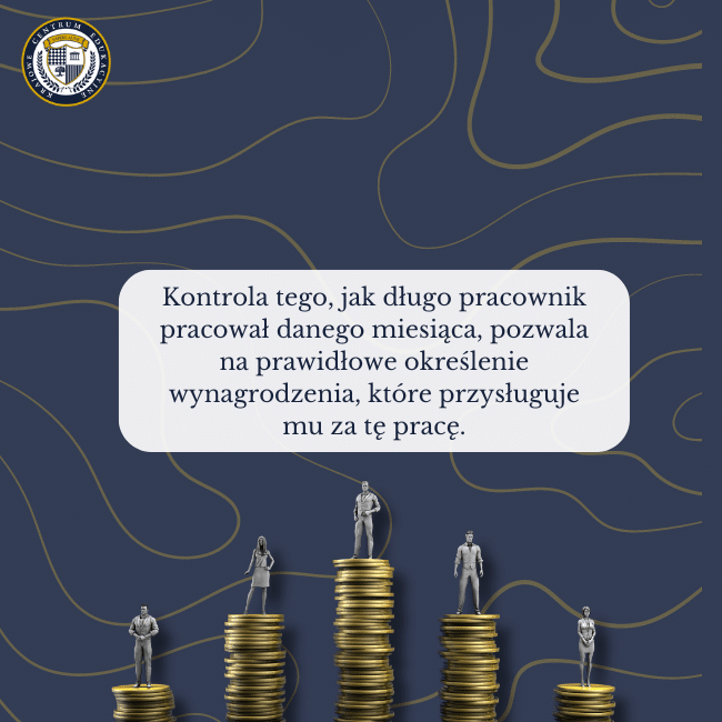 Granatowe tło, grafika słupków z pieniędzy i pracowników na. nich oraz napis na środku: Kontrola tego, jak długo pracownik pracował danego miesiąca, pozwala na prawidłowe określenie wynagrodzenia, które przysługuje mu za tę pracę.