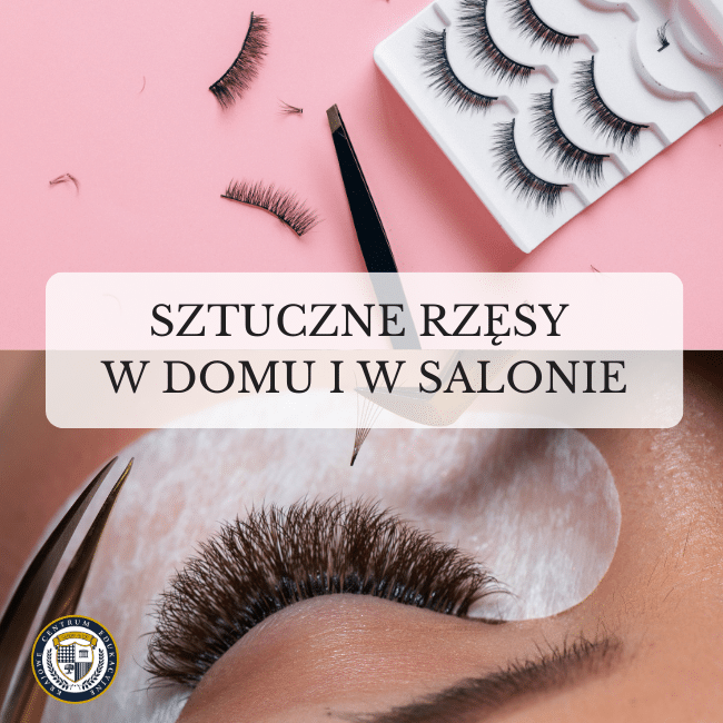 Zestaw sztucznych rzęs na różowym tle z pęsetą do aplikacji i napis 'SZTUCZNE RZĘSY W DOMU I W SALONIE
