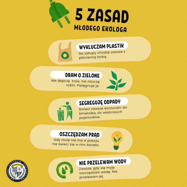 Infografika przedstawiająca 5 zasad młodego ekologa z ikonami i opisami