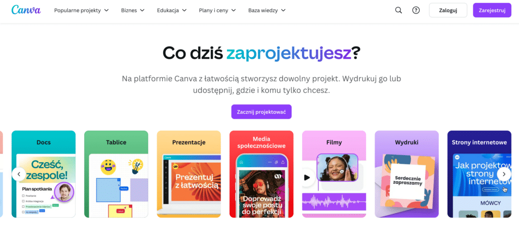 Polska strona główna Canva z napisem 'Co dziś zaprojektujesz?' oraz ikonami różnych typów projektów