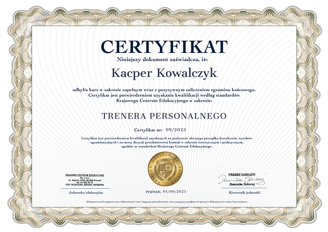 Wzór certyfikatu, który kursant otrzyma po ukończeniu kursu trenera personalnego