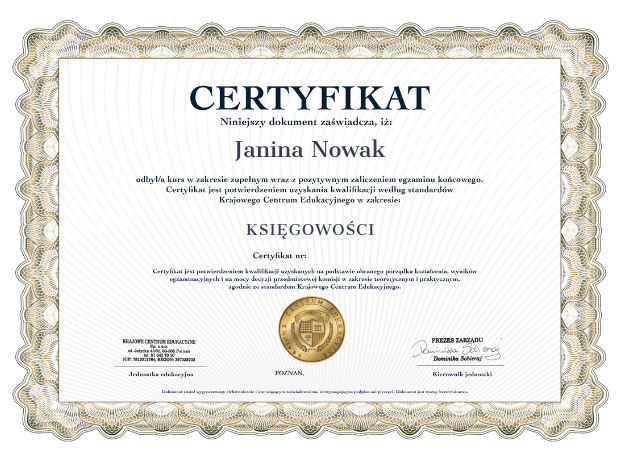 Wzór certyfikatu o ukończonym kursie księgowości online