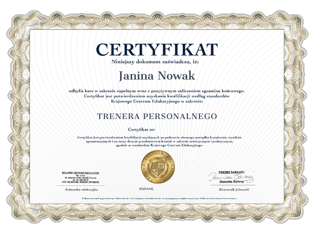 Wzór certyfikatu o ukończonym kursie trenera personalnego