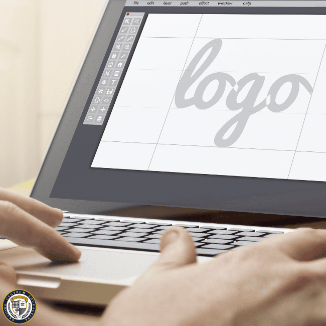 Projektowanie graficzne logo w programie wektorowym, widoczny szkic napisu 'logo'