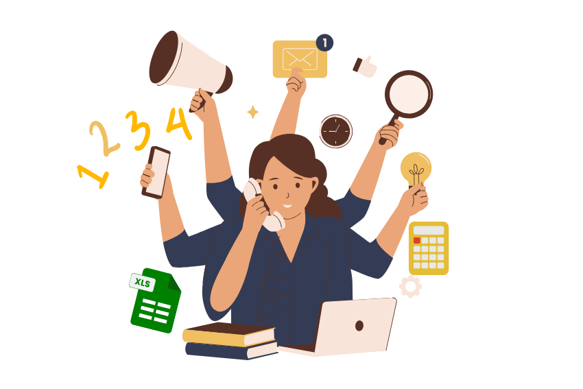 Ilustracja przedstawiająca wielozadaniową osobę w granatowej koszuli, wykonującą jednocześnie wiele czynności: trzymającą megafon, telefon, lupę i żarówkę, otoczoną symbolami takimi jak liczby, ikona wiadomości, zegar, kalkulator, plik Excel i laptop, symbolizująca różnorodne umiejętności i efektywność w pracy