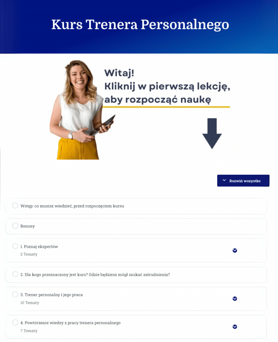 Kurs trenera personalnego wnętrze platformy edukacyjnej