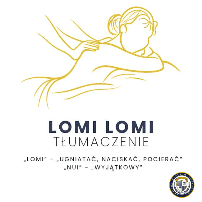 Złoty rysunek liniowy przedstawiający sesję masażu z polskim tekstem wyjaśniającym, że "Lomi" oznacza "ugniatać, naciskać, pocierać", a "Nui" oznacza "wyjątkowy"