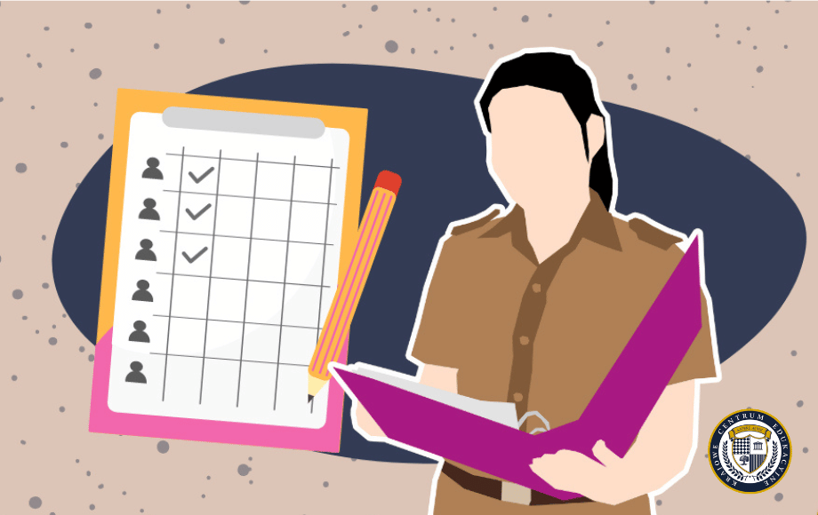 Ilustracja przedstawiająca miesięczną listę obecności - po lewej stronie widoczny clipboard z listą obecności i zaznaczonymi checkboxami przy każdym pracowniku, po prawej postać mężczyzny w brązowej koszuli trzymająca fioletowy segregator.