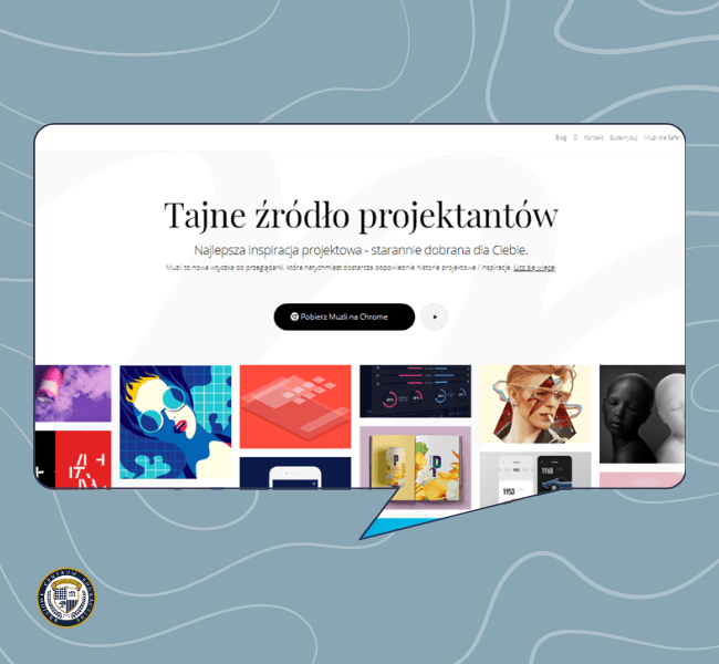 Galeria inspiracji dla projektowania graficznego w języku polskim, pokazująca różnorodne projekty i style