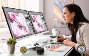 Najlepsze programy graficzne: Graficzka pracująca nad cyfrowym obrazem kwitnącej wiśni na dwóch monitorach, używająca tabletu graficznego i próbnika kolorów Pantone
