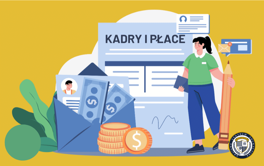 Graficzna ilustracja przedstawiająca tematykę studiów podyplomowych z zakresu kadr i płac, z dokumentem tytułowym, postacią oraz elementami finansowymi takimi jak banknoty i monety. Całość utrzymana jest w nowoczesnej stylistyce z żółtym tłem i niebiesko-zielonymi elementami dekoracyjnymi.