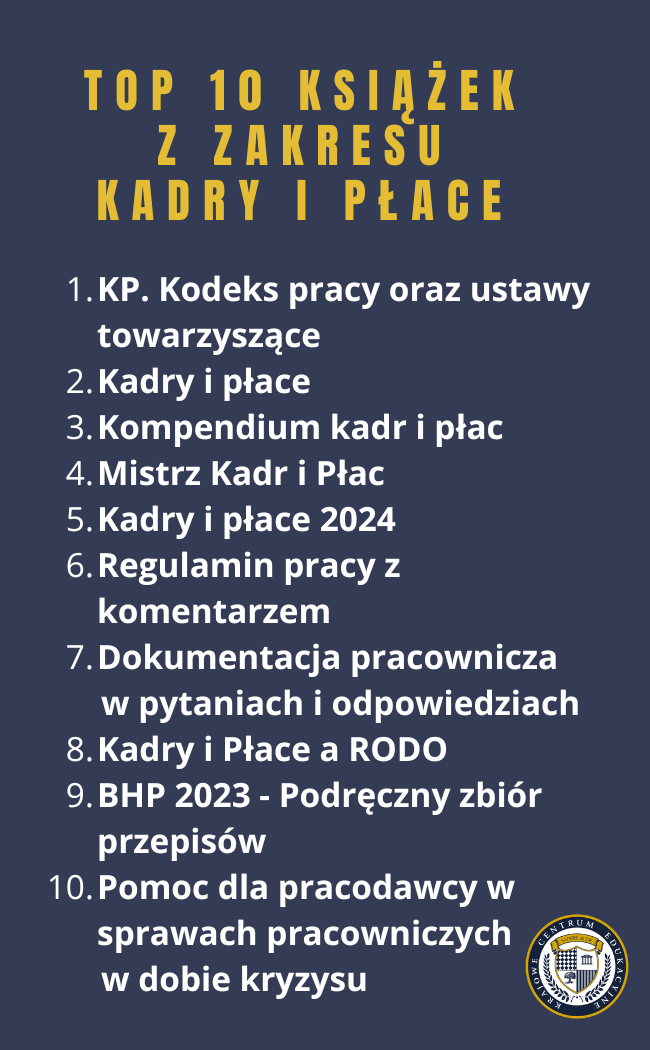 Ranking 10 najpopularniejszych książek kadrowo-płacowych, rozpoczynający się od Kodeksu pracy, a kończący na poradniku kryzysowym