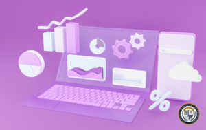 Infografika 3D prezentująca dashboard analityczny z wykresami, ikonami i elementami wizualizacji danych w fioletowej kolorystyce