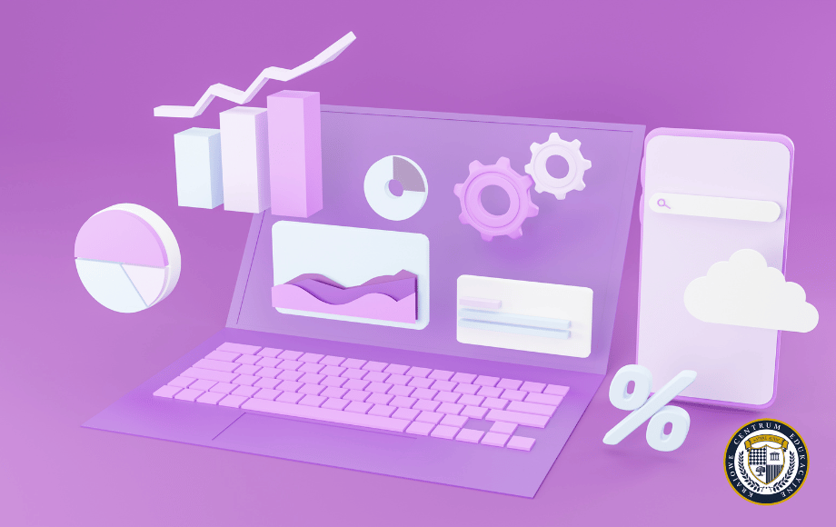 Infografika 3D prezentująca dashboard analityczny z wykresami, ikonami i elementami wizualizacji danych w fioletowej kolorystyce