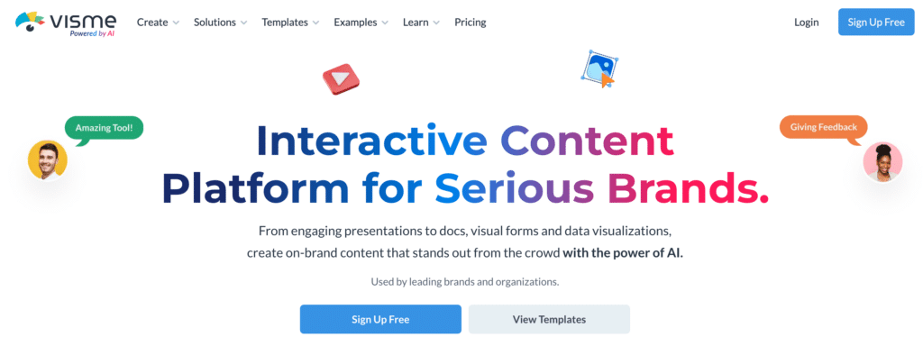 Strona główna platformy Visme z napisem 'Interactive Content Platform for Serious Brands' oraz przyciskami nawigacyjnymi