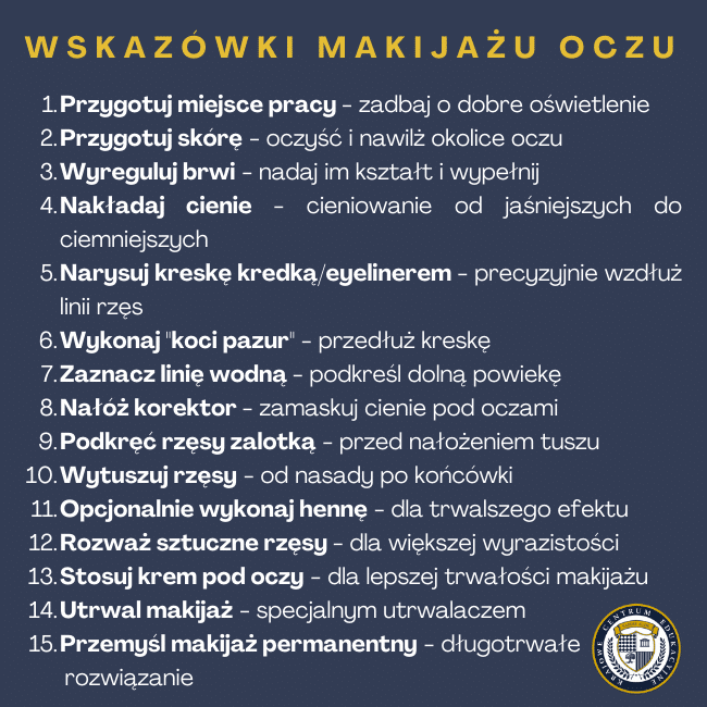 Infografika: wskazówki na makijaż oczu: rzygotuj miejsce pracy - zadbaj o dobre oświetlenie Przygotuj skórę - oczyść i nawilż okolice oczu Wyreguluj brwi - nadaj im kształt i wypełnij Nakładaj cienie - cieniowanie od jaśniejszych do ciemniejszych Narysuj kreskę kredką/eyelinerem - precyzyjnie wzdłuż linii rzęs Wykonaj "koci pazur" - przedłuż kreskę Zaznacz linię wodną - podkreśl dolną powiekę Nałóż korektor - zamaskuj cienie pod oczami Podkręć rzęsy zalotką - przed nałożeniem tuszu Wytuszuj rzęsy - od nasady po końcówki Opcjonalnie wykonaj hennę - dla trwalszego efektu Rozważ sztuczne rzęsy - dla większej wyrazistości Stosuj krem pod oczy - dla lepszej trwałości makijażu Utrwal makijaż - specjalnym utrwalaczem Przemyśl makijaż permanentny - długotrwałe rozwiązanie