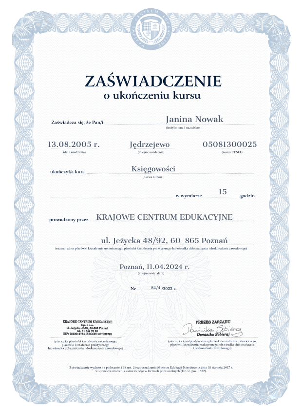Wzór zaświadczenia o ukończonym kursie księgowości