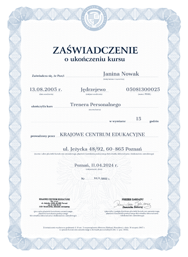 Wzór zaświadczenia o ukończonym kursie trenera personalnego