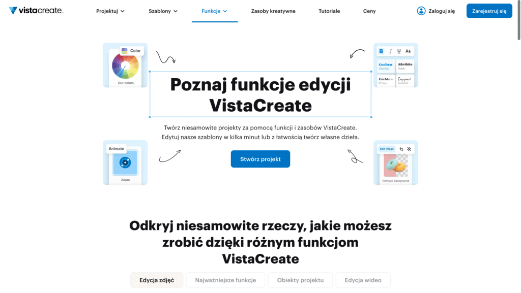 Interfejs VistaCreate z opcjami edycji i funkcjami