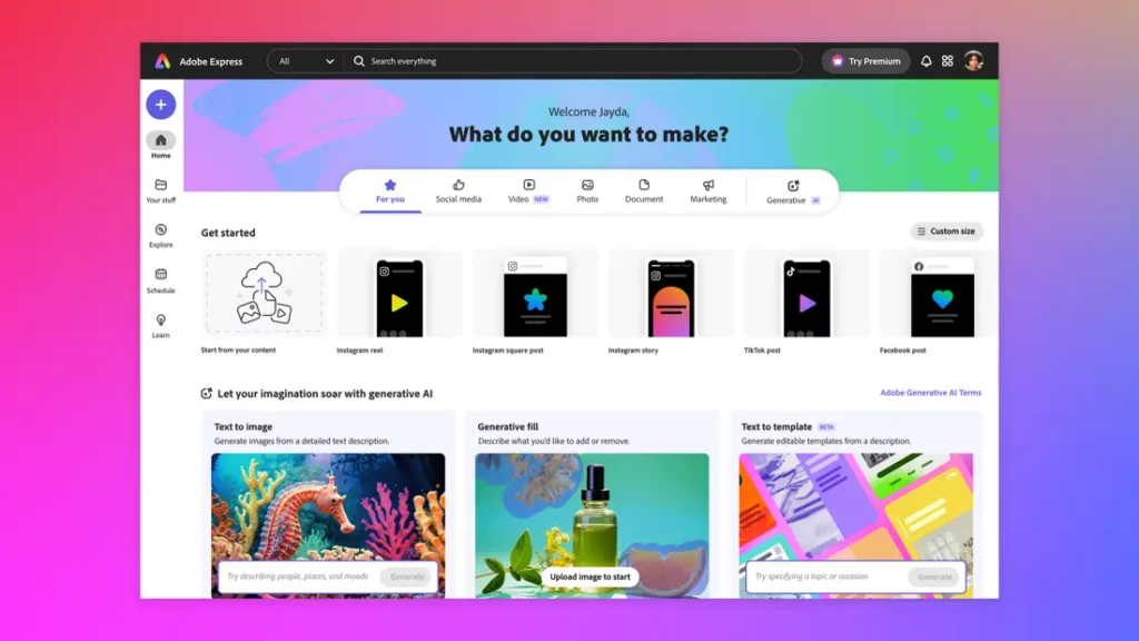 Interfejs Adobe Express z opcjami tworzenia treści dla mediów społecznościowych 