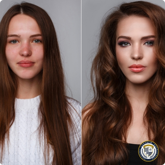 Metamorfoza makijażowa - przed i po wykonaniu profesjonalnego makijażu wieczorowego na brunetce