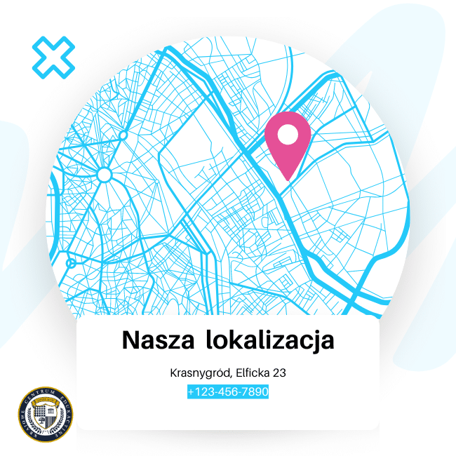 Infografika z mapą lokalizacji i danymi kontaktowymi