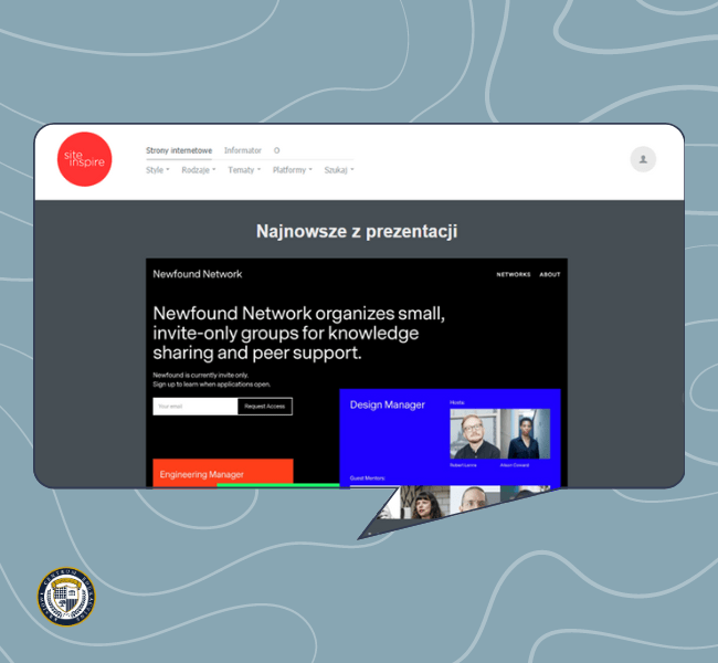 Platform prezentacyjna projektowania graficznego pokazująca interfejs siteinspire z ciemnym motywem