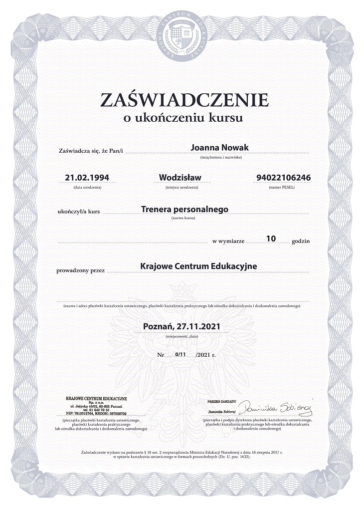zaświadczenie men - kurs trenera personalnego
