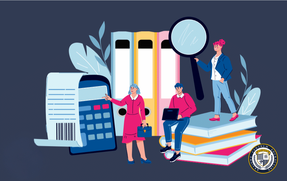 Ilustracja edukacyjna pokazująca trzy osoby pracujące z narzędziami księgowymi - kalkulatorem, dokumentami i książkami. Jedna osoba wskazuje na kalkulator, druga pracuje na laptopie, a trzecia trzyma lupę. W tle widoczne są segregatory i dekoracyjne liście. Całość na granatowym tle z logo instytucji w rogu
