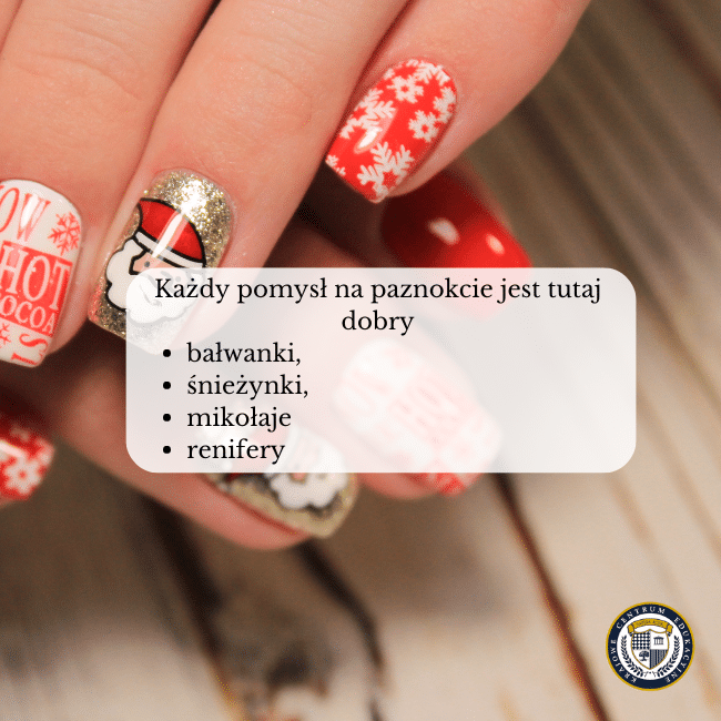 Zdjęcie paznokci świątecznych w czerwonych,. złotych i białych kolorach oraz naklejka Mikołaja na nich. Napis na środku: Każdy pomysł na paznokcie jest tutaj dobry.Bałwanki, śnieżynki, mikołaje renifery.