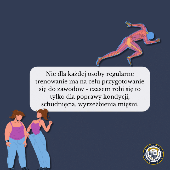 Granatowe tło, dwie grafiki, jedne osoby, która chce schudnąć i druga osoby biegnącej ale bez ubrań, pokazane są same mięśnie. Napis na środku: Nie dla każdej osoby regularne trenowanie ma na celu przygotowanie się do zawodów - czasem robi się to tylko dla poprawy kondycji, schudnięcia, wyrzeźbienia mięśni.