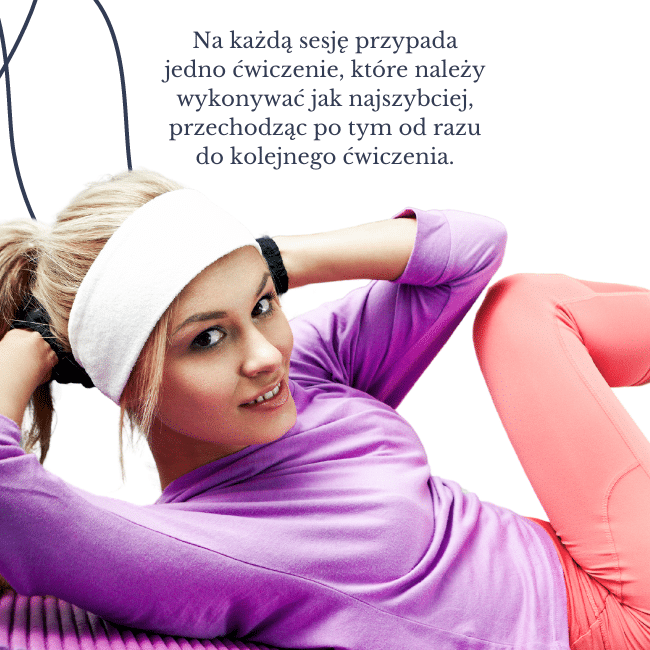 Zdjęcie kobiety wykonującą trening funkcjonalny na leżąco i napis: Na każdą sesję przypada jedno ćwiczenie, które należy wykonywać jak najszybciej, przechodząc po tym od razu do kolejnego ćwiczenia.
