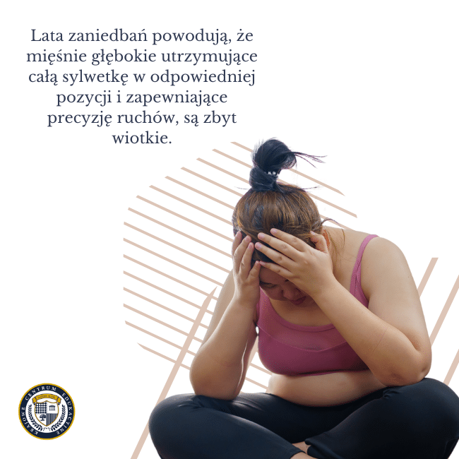 Otyła osoba płacząca, siedząc na macie. Napis: Lata zaniedbań powodują, że mięśnie głębokie utrzymujące całą sylwetkę w odpowiedniej pozycji i zapewniające precyzję ruchów, są zbyt wiotkie.