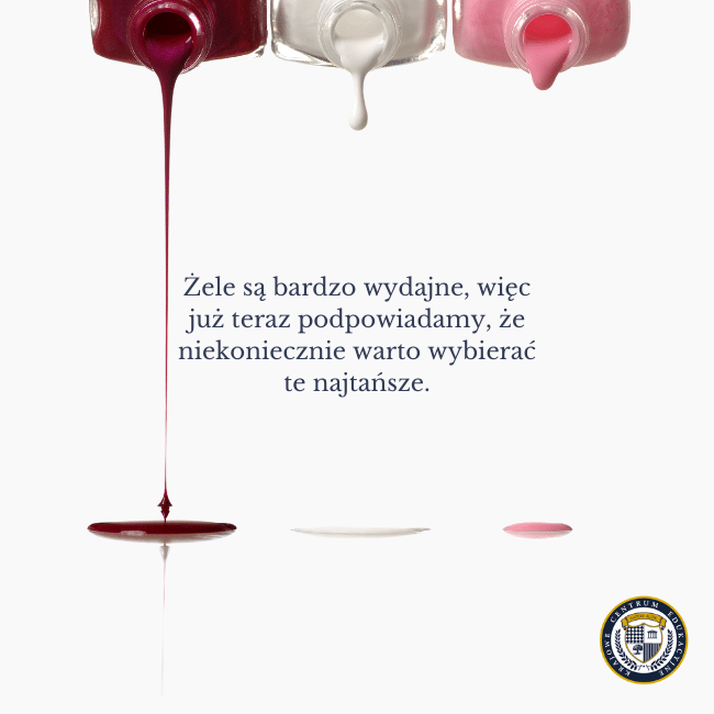 Białe tło i grafika trzech żeli do paznokci. Napis na środku: Żele są bardzo wydajne - więc już teraz podpowiadamy, że niekoniecznie warto wybierać te najtańsze.