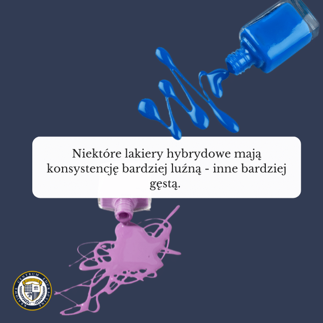 Granatowe tło i grafika dwóch rozlanych lakierów. Napis na środku: Niektóre lakiery hybrydowe mają konsystencję bardziej luźną - inne bardziej gęstą. Grafika nawiązuje do tematu: manicure hybrydowy.