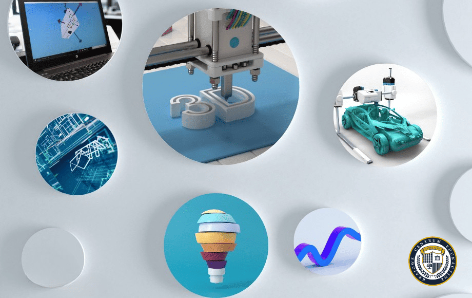 AutoCAD 3D - kolaż obrazów prezentujących projektowanie trójwymiarowe: wizualizację na laptopie, druk 3D, model samochodu, schemat techniczny i graficzne koncepcje w okrągłych ramkach.