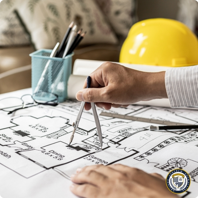 Skala w AutoCAD - Architekt pracujący z cyrklem na szczegółowych planach budowlanych. Widoczny żółty kask, pojemnik na przybory i okulary.