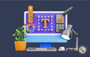 Ilustracja 3D stanowiska projektowego z monitorem pokazującym interfejs programu graficznego, symbolizująca różne AutoCAD wersje i narzędzia projektowe.