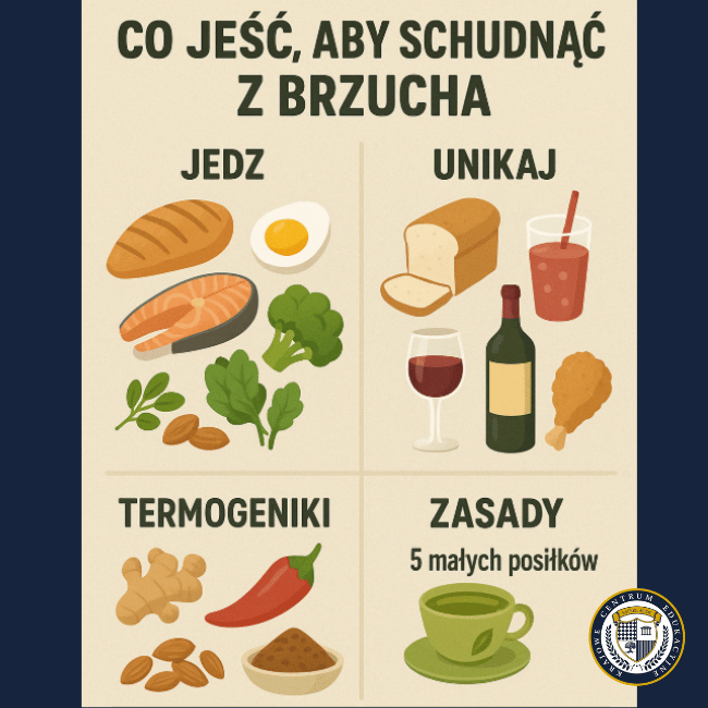 Infografika podzielona na cztery sekcje z ilustracjami zdrowych i niezdrowych produktów spożywczych oraz zasad żywieniowych pomocnych w odchudzaniu brzucha.