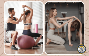 Trenerzy personalni podczas pracy z klientkami - po lewej trener asystuje ćwiczącej na piłce fitness, po prawej trenerka koryguje pozycję podczas ćwiczeń na macie, zdjęcia w jasnej kolorystyce z logo KCE w prawym dolnym rogu, pokazujące jak zostać trenerem personalnym w praktyce
