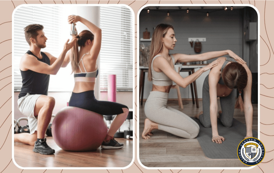 Trenerzy personalni podczas pracy z klientkami - po lewej trener asystuje ćwiczącej na piłce fitness, po prawej trenerka koryguje pozycję podczas ćwiczeń na macie, zdjęcia w jasnej kolorystyce z logo KCE w prawym dolnym rogu, pokazujące jak zostać trenerem personalnym w praktyce