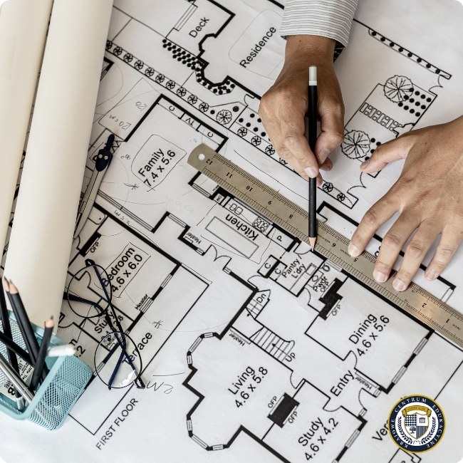 Projektant pracujący z planem budynku, używając linijki do mierzenia i rysowania linii w AutoCAD. Plan pokazuje rozkład pomieszczeń domu z oznaczeniami pomieszczań takich jak kuchnia, salon i sypialnie